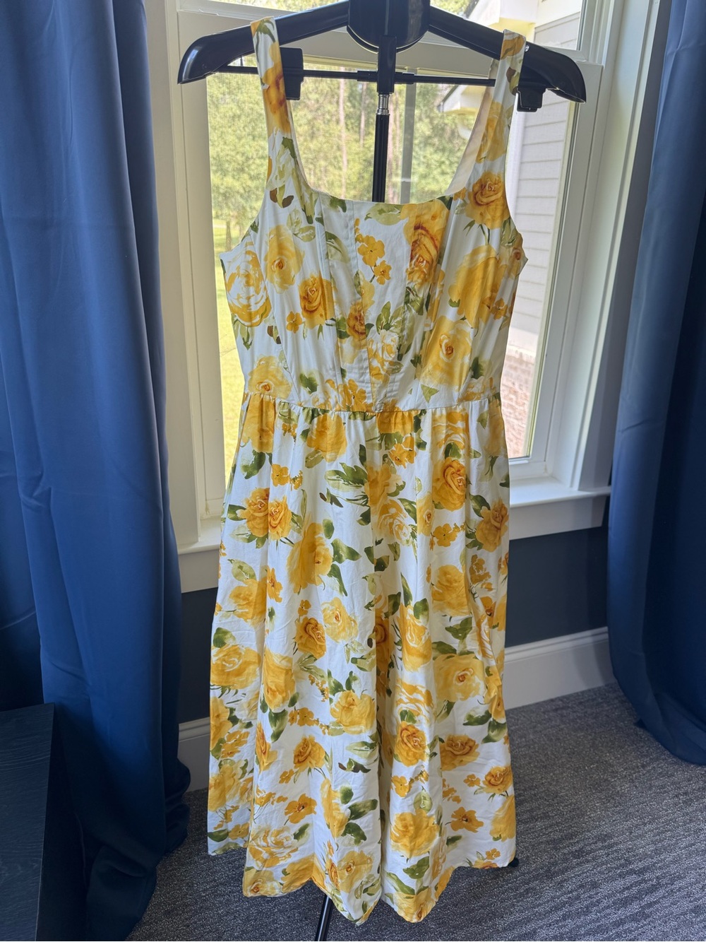Jason Wu Yellow Rose Floral Midi Dress with Pockets Size 12 EUC
